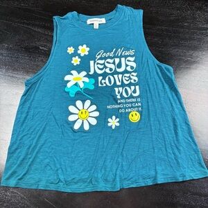 Teal Graphic Tank Top with Floral Design